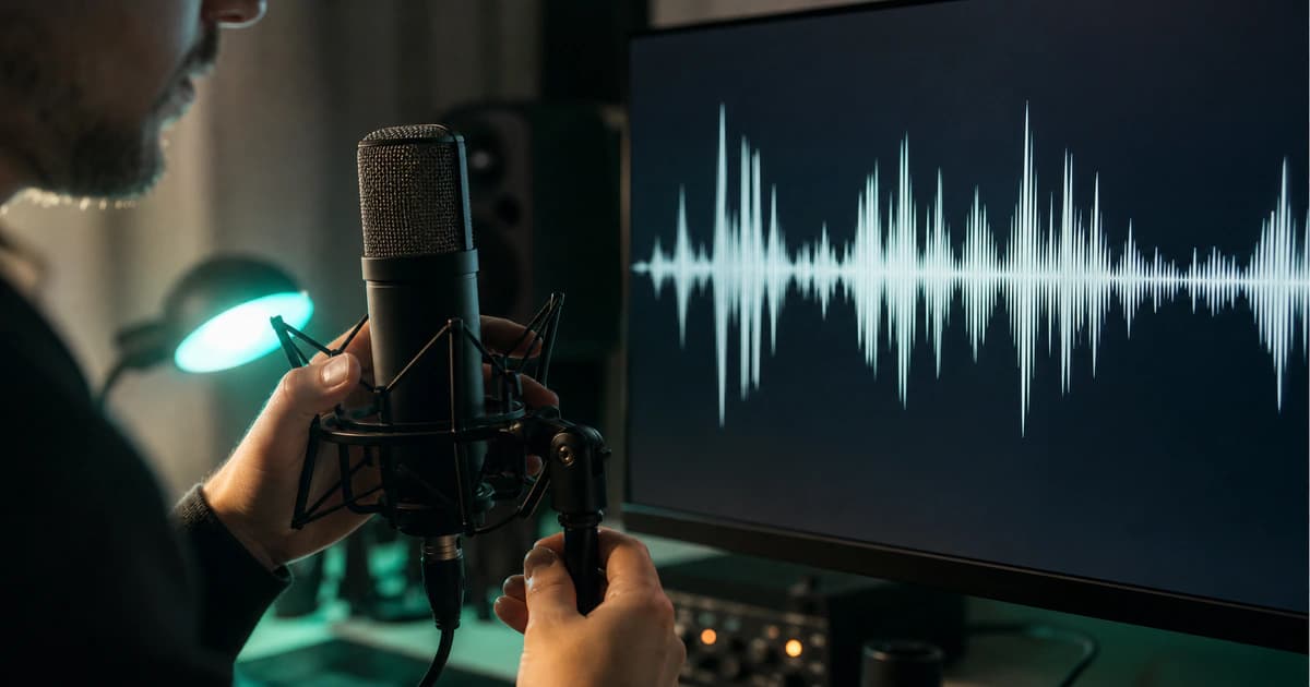 Audio engineer positioning a studio microphone beside a clean waveform