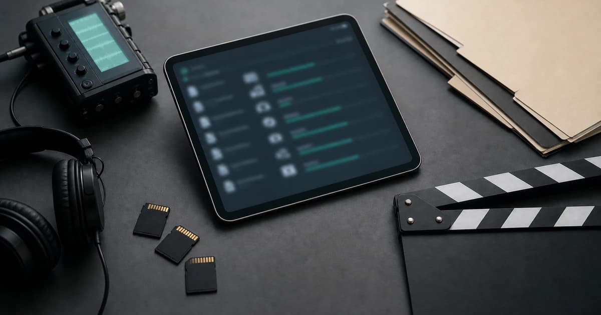 Field recorder, memory cards and headphones beside a screen showing an upload in progress