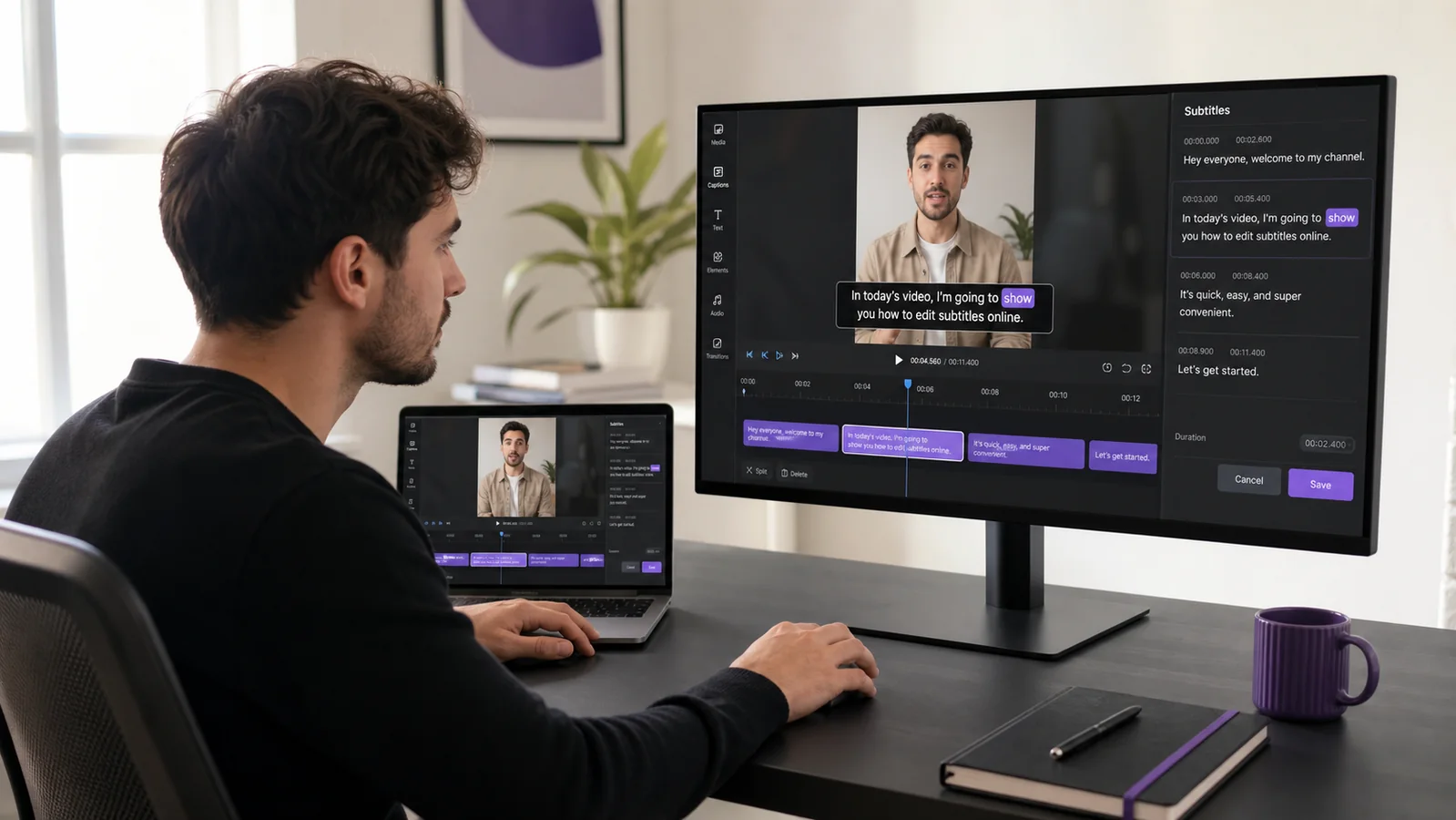 Creator correcting subtitle text and timing in an online video editor