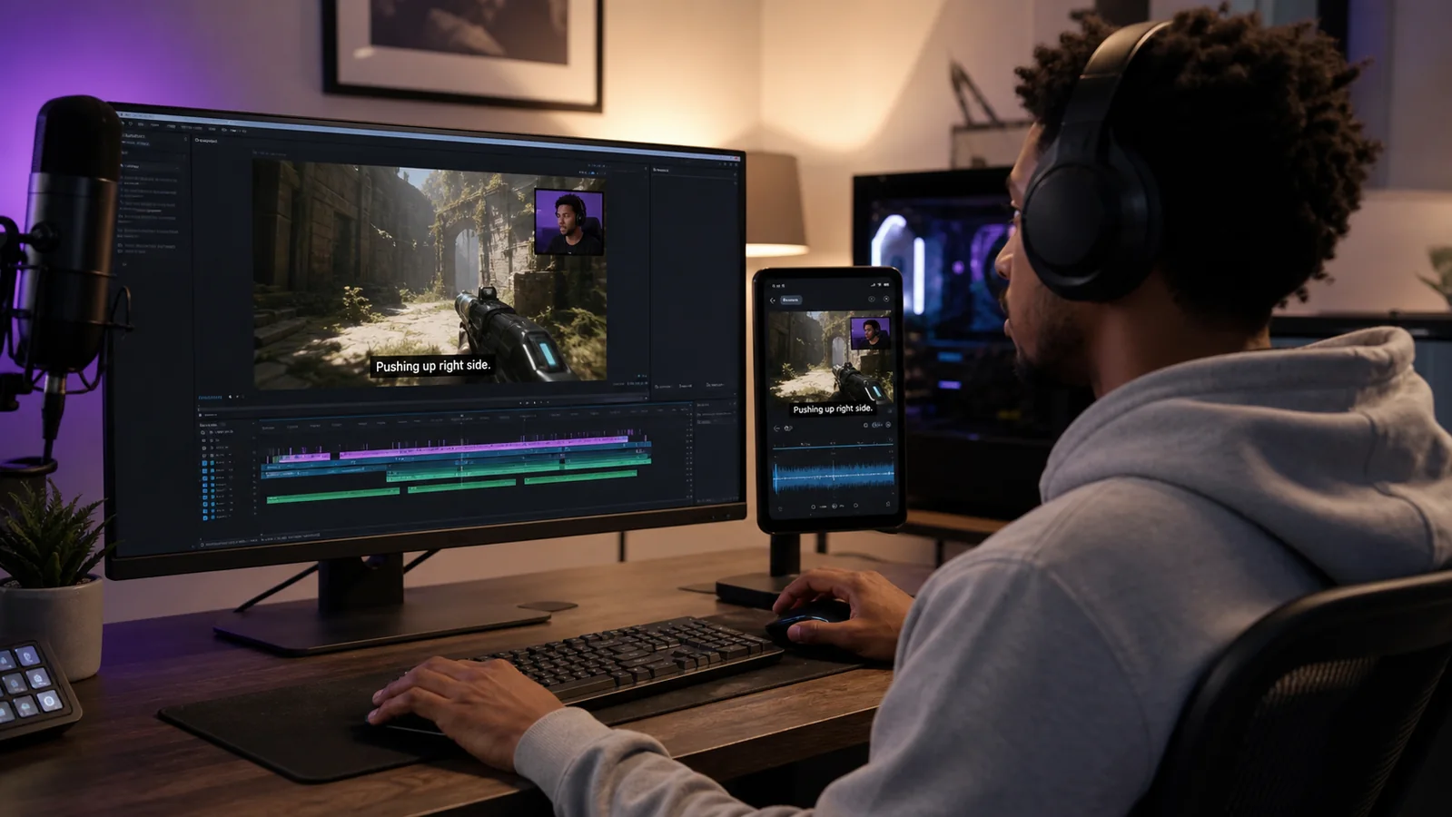 Gaming creator editing gameplay, face-cam and captions for horizontal and vertical video