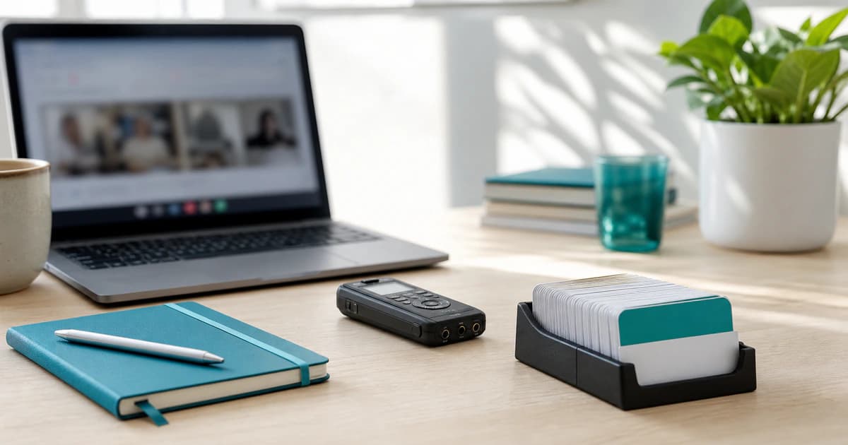 Bright desk prepared to turn a saved online meeting recording into text