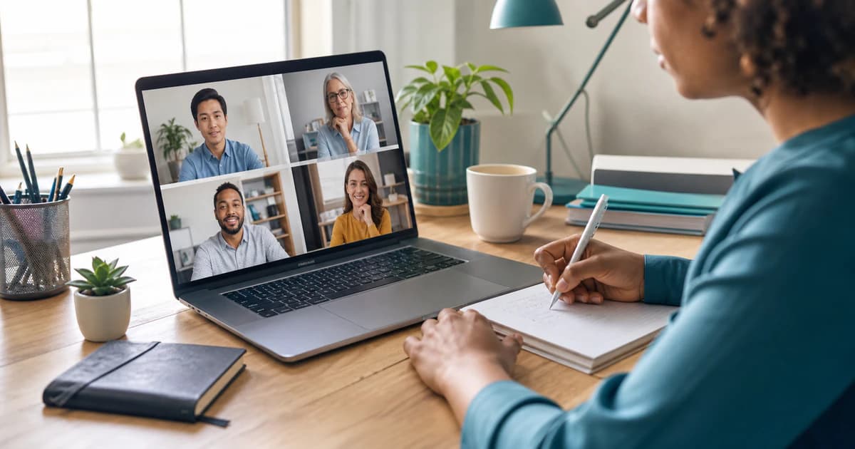 Professional taking notes during a four-person video meeting in a bright home office