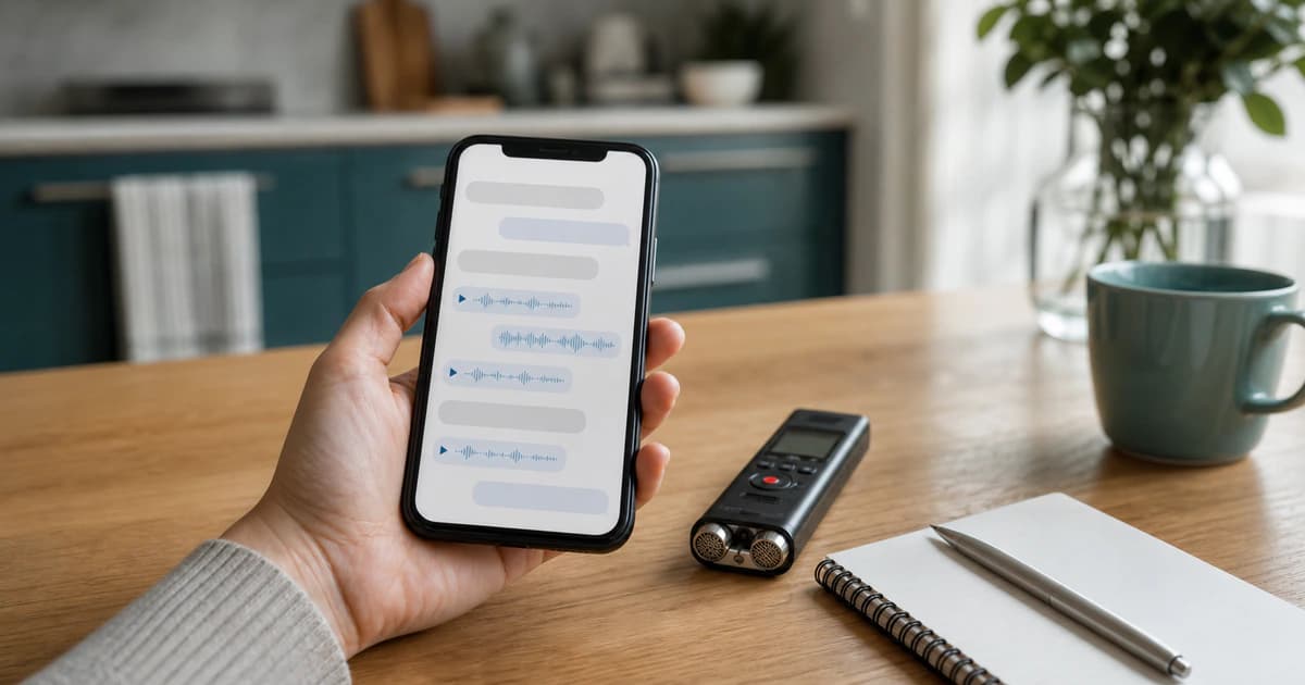 Unbranded phone chat with several voice-message waveforms ready to transcribe