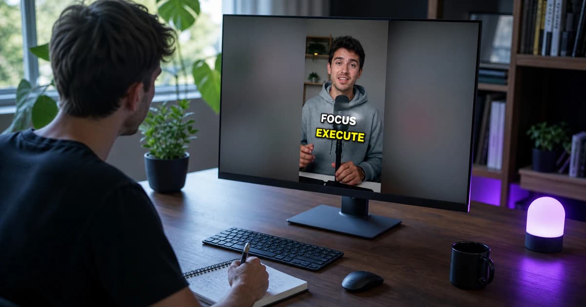 Creator reviewing a vertical short with bold captions on a desktop monitor