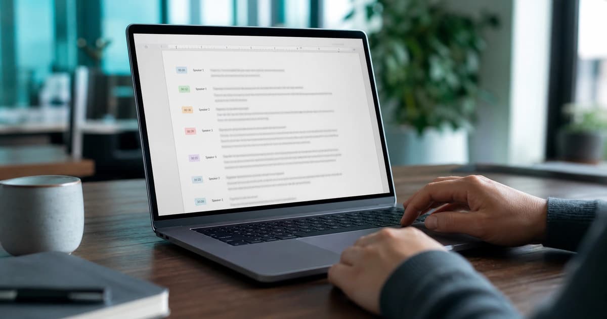 Speaker-labeled transcript document being edited on a laptop