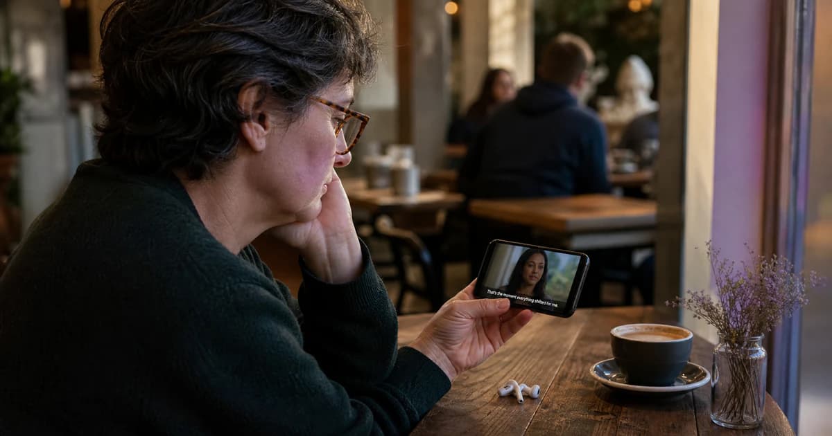 Cafe visitor watching a muted captioned video on a phone