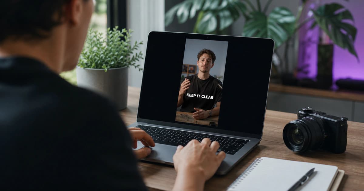 Creator reviewing a vertical video with burned-in captions on a laptop