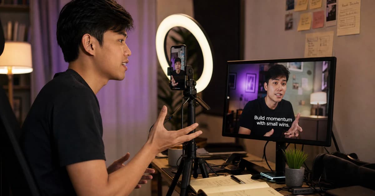 Creator recording a vertical talking-head video with captions in the preview